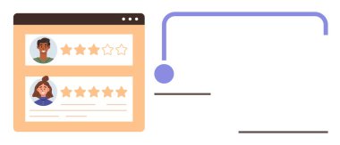 Profil resimleri, yıldız reytingleri ve bir web sitesinde gösterilen eleştiriler. Geri bildirim, değerlendirme, kullanıcı arayüzü, çevrimiçi değerlendirme, müşteri değerlendirmesi dijital deneyim analizleri için idealdir. Basit düz metafor