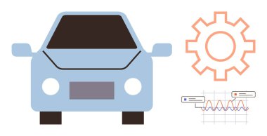 Arabanın ön görüntüsü, turuncu dişli yeniliği simgeliyor ve veri izleme grafiğini çiziyor. Teknoloji, yapay zeka, otomasyon, ulaşım, akıllı araba verileri öğrenmek için ideal. Basit düz