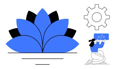 Büyük mavi taç yaprağı tasarımı, teknoloji teçhizatı, cihazın üzerindeki insan kodlaması. Teknoloji, yaratıcılık, yenilik, kodlama, geliştirme, takım çalışması için ideal. Basit iniş sayfası.