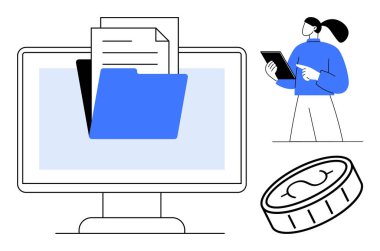 Dosya ve belgeli bilgisayar ekranı tableti, parası, dijital dosya yönetimini, kişisel veri depolamasını sembolize eden kadın. Teknoloji, iş akışı, finans ve eğitim için ideal siber güvenlik