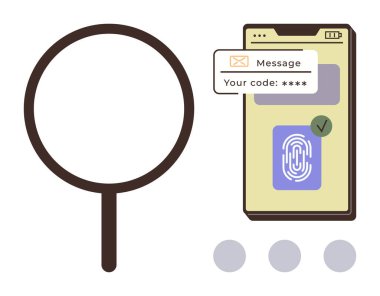 Akıllı telefonun yanındaki büyüteçte parmak izi doğrulaması ve güvenlik kodu mesajı var. Siber güvenlik, kimlik doğrulama, şifre yönetimi, çevrimiçi güvenlik, veri koruması için ideal