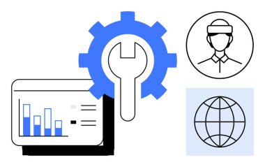 Vites ve ingiliz anahtarı anlama araçları, analitik için bar çizelgesi, profesyonel için avatar, küresel ulaşım için dünya. Teknoloji, analitik, destek, hizmet, endüstri yeniliği için ideal küresel çözümler