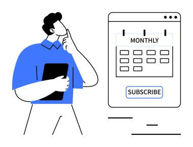 Profesyonel tutucu tablet ve aylık takvim arayüzünün yanında abonelik planı. Üyelik, planlama, karar verme, e-ticaret, üretkenlik, dijital araçlar için ideal, basit