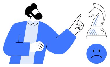 Üzgün yüzün yanındaki satranç şövalyesini gösteren adam karar vermeyi, stratejiyi, başarısızlığı ve analizi sembolize eder. Liderlik için ideal, problem çözme, eleştirel düşünme, rehberlik, stratejik planlama