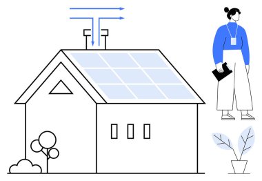 Çatısı güneş panelleri ve havalandırması olan bir ev, dosyayla ilgili profesyonel gözlem, yakınlardaki tesisler. Sürdürülebilirlik, eko-yaşam, yenilenebilir enerji, yeşil teknoloji, temiz enerji, mimari için ideal