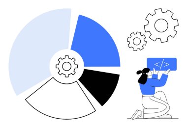 Mavi ve siyah tonlarda pasta grafiği, süreci optimizasyonu sembolize eden dişliler, kodlama paneliyle diz çöken kişi. Veri görselleştirme, programlama, süreç, üretkenlik, takım çalışması, strateji için ideal