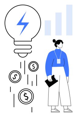 Yıldırımlı ampul, aşağıya düşen paralar, elinde belge tutan kadın, arka planda bar çizelgesi. Yenilikçilik, iş büyümesi, finans, liderlik, enerji girişimciliği yaratıcılığı için ideal