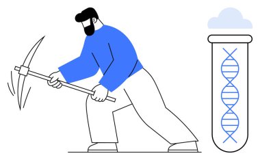 DNA ipliğinin yanında, genetik, bilim ve yeniliği temsil eden bir deney tüpünün içinde keşif için kazma kullanan bir adam. Biyoteknoloji, araştırma, analiz, teknoloji, çaba ve veri keşfi için ideal