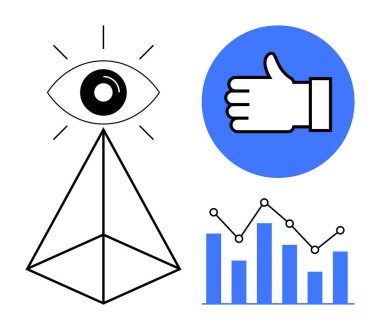 Göz ile geometrik piramit, onay için el sembolü, ve mavi ile istatistiksel grafik. Analiz, karar verme, yaratıcılık, tasarım konsepti, izleme, değerlendirme teknolojisi için ideal basit