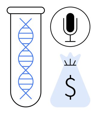 Araştırma, yenilik, bilim finansmanı, iletişim ve teknolojik ilerleme temalarını tasvir eden test tüpü, mikrofon ve para çantasındaki DNA ipliği. Biyoloji, biyoteknoloji ve sağlık hizmetleri için ideal