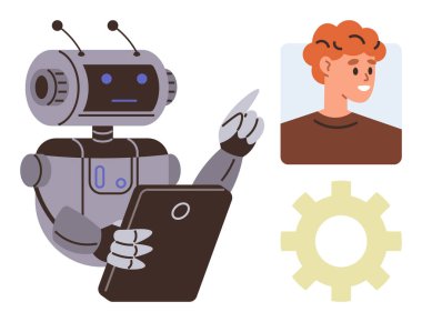 Tablet kullanan robot, insan yüzü profilini gösteren, teknolojiyi temsil eden dişli sembolü, yapay zeka, otomasyon. Yenilik, robot bilimi, yapay zeka, insan-makine etkileşimi, gelecekteki dijital teknolojiler için ideal