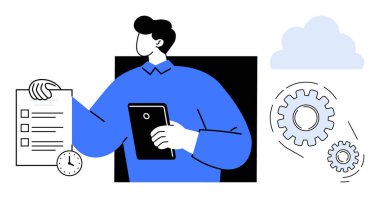 Saatin, vitesin ve bulutun yanında tablet ve kontrol listesi tutan kişi. İş akışı, teknoloji, planlama, organizasyon, verimlilik verimliliği ve takım çalışması kavramları için idealdir. Basit düz metafor