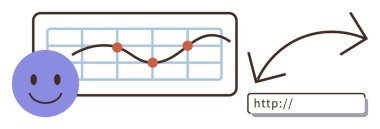 Eğri bir çizgi grafiğinin yanında, bir web bağlantı alanına bağlanan noktalı okun yanında mutlu bir yüz. Web analizi, SEO, veri takibi, dijital pazarlama, kullanıcı geribildirimi, büyüme için ideal