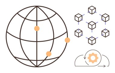 Bağlı noktalara sahip dairesel küre, ağa bağlı blok zinciri küpleri ve bulut hesaplama dişli ikonu. Teknoloji, engelleme zinciri, küresel ağ, dijital süreçler, bulut hesaplama, veri için ideal