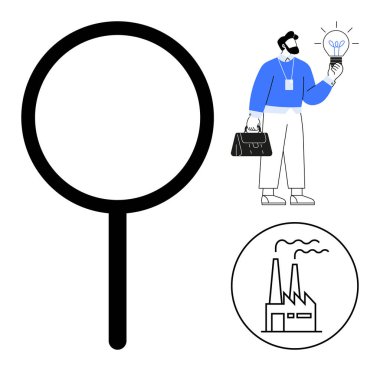 Büyük büyüteç, elinde parlayan ampul tutan bir adam, endüstriyel fabrika ikonu. Yenilik, analiz, araştırma, teknoloji, endüstri sektörü kavramsal fikirleri için idealdir. Basit düz metafor