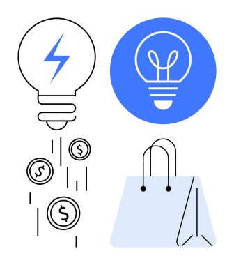 Enerji yıldırımlı ampul ve düşen paralar yenilik ve geliri temsil ediyor. Alışveriş çantası ticareti sembolize eder. Yaratıcılık, iş, teknoloji, yenilik, ticaret ve finans için ideal