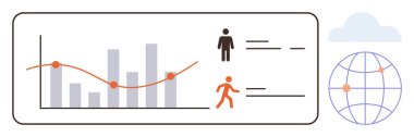 Veri noktaları, kullanıcı simgeleri ve analitiği, izleme ve küresel erişimi sembolize eden bir küre içeren çubuk grafik ve çizgi grafiği. İş için ideal, araştırma, strateji, teknoloji iletişim eğitimi için basit