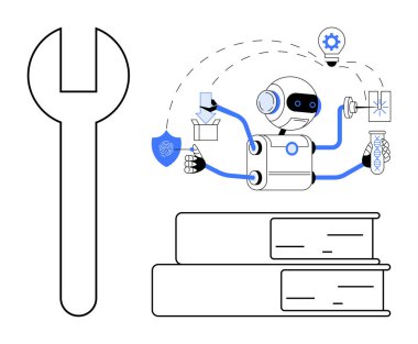 Çoklu kolları olan bir robot DNA işleme, veri güvenliği ve kitap ve anahtar yanında fikir üretimini onaylıyor. Eğitim, teknoloji, otomasyon, problem çözme, bilim için ideal