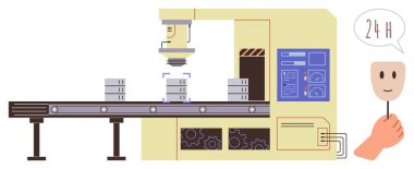 Taşıyıcı bantta, 24 saatlik servisi sembolize eden gülen bir yüzün yanında robot kol montajı ürünleri. Otomasyon, robotik, imalat, müşteri desteği, verimlilik ve sanayi için ideal