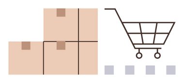 Aşağıda ilerleme göstergeleri olan bir alışveriş arabasının yanına istiflenmiş karton kutular. E-ticaret, lojistik, dağıtım, online alışveriş, perakende satış, sipariş izleme ve tedarik zinciri için ideal. Temiz daire