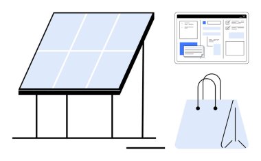 Bir web arayüzü ve alışveriş çantasının yanındaki güneş paneli yenilenebilir enerji, dijital etkileşim ve çevrimiçi alışveriş gösteriyor. Teknoloji, sürdürülebilirlik, enerji, e-ticaret, yenilik için ideal