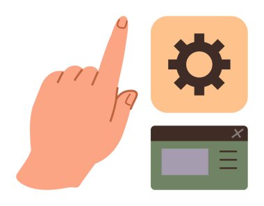 Bir dişli simgesi ve web arayüzü penceresine el işareti, ayarları özelleştirme, kullanıcı tercihleri, uygulama yapılandırması, arayüz tasarımı, kullanıcı etkileşimi ve web kullanılabilirliğini temsil eder. İdeal