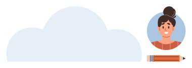 Bulut şeklindeki ve kalemin yanındaki kadın portresi, yenilik, iletişim, yaratıcılık, eğitim, dijital depolama, içerik oluşturma ve kişisel markalaşmayı betimliyor. Basit bir düz metafor.