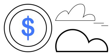 Bulut anahatlarıyla eşleştirilmiş bir çemberin içindeki dolar işareti bulut hesaplama, finans ve teknoloji entegrasyonunu sembolize ediyor. Fintech, SaaS, çevrimiçi işlemler, bankacılık, bulut için ideal