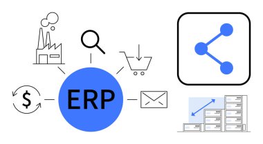 Elektronik ticaret, tedarik zinciri, maliyet yönetimi, veri paylaşımı ve analitiği temsil eden sembollerle ERP kalın. İş yönetimi, işlem otomasyonu, veri sistemleri, verimlilik lojistiği için ideal