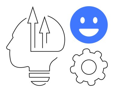 Büyümek için yukarı doğru ok, mavi gülen yüz ve ilerleme ve olumluluk için vites simgesi olan insan kafası. Yaratıcılık, büyüme, strateji, takım çalışması, yenilik, duygusal zeka için ideal