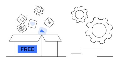 Serbest bırakma simgeleri etiketli açık kutu bağlı viteslerin arasında bir kalp, yıldız, oyun düğmesi ve alışveriş arabası var. Kaynaklar, teknoloji, yaratıcılık, yenilik, fikirler için ideal takım çalışması basit