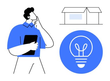 Düşünme tabletinde olan kişi, evin dış hatları yukarıda, fikirler için parlak ampul ikonu, yenilik. Yaratıcılık, problem çözme, iş stratejisi, konut ve yenilik için ideal