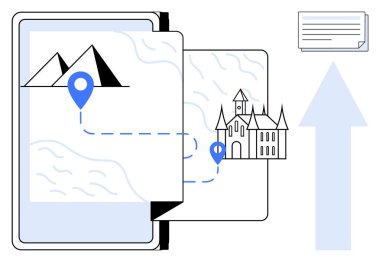 Piramitli tablet ekran ve şato navigasyon yolları ile birbirine bağlı. İlerleme için ok. Seyahat planlama, seyrüsefer, turizm, teknoloji, keşif, eğitim araçları, seyahat kavramı için ideal