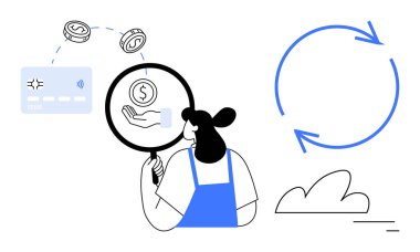 Bozuk para, el ve kredi kartıyla yapılan ödemeleri analiz eden kadın. Dairesel oklar geri dönüşüm, nakit akışı ve işlem yönetimini vurguluyor. Finans, iş stratejisi ve analiz için ideal