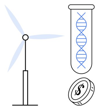 Rüzgar türbini, test tüpündeki DNA sarmalı, madeni para eko-enerjiyi, biyoteknolojiyi, finansmanı temsil eder. Sürdürülebilirlik, teknoloji, biyomühendislik yenilenebilir enerji ekonomisi yenilikleri için idealdir. Basit düz