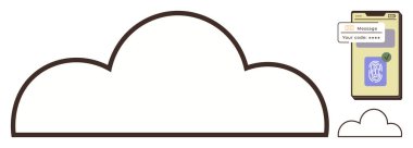 Bulut ana hatları depolama ve teknolojiyi temsil ediyor, güvenlik kodu doğrulamalı akıllı telefon, parmak izi doğrulama seçeneği. Siber güvenlik, bulut hizmetleri, kimlik doğrulama, mobil teknoloji için ideal