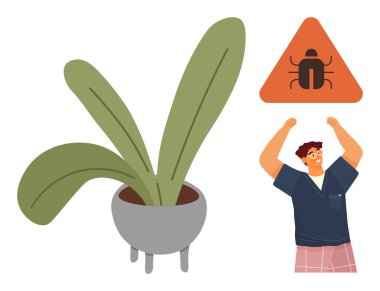 Saksı bitkisinin yanında kollarını kaldıran adam ve üçgen haşere uyarısı işareti. Bahçıvanlık, haşere kontrolü, sorun çözme, çevre bilinci, ev güvenliği, bitki bakımı, esneklik teması için ideal. Basit.