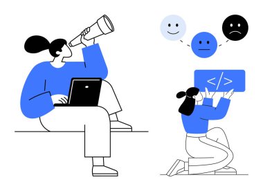 Dizüstü bilgisayarı ve teleskopu olan bir kadın, duygu simgeleri altında dizlerinin üzerine çökmüş bir geliştirici. Takım çalışması, analiz, geri bildirim, kodlama, teknoloji, problem çözme, basit iniş sayfası için ideal