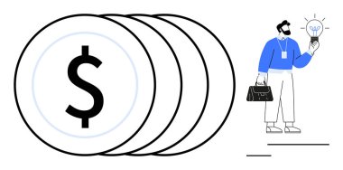 Parlayan ampul ve evrak çantası taşıyan adamın yanında dolar işareti olan sikkeler zenginliği, yeniliği ve girişimciliği simgeliyor. Finans, yatırım, yaratıcılık, iş stratejisi, başlangıç için ideal