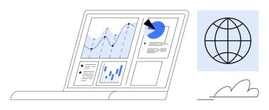 Bir dünya simgesine sahip veri grafikleri, grafikleri ve belgeleri gösteren dizüstü bilgisayar ekranı. Analiz, teknoloji, küresel iş, araştırma, uzaktan iletişim veri görselleştirmesi için idealdir. Basit düz