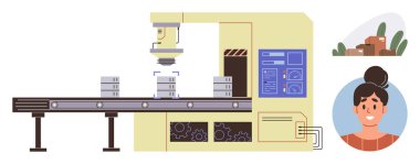 Taşıyıcı bant, kontrol paneli ve kişinin yanına monte etmek için robotik kol altındaki paketleri taşıyor. Üretim, otomasyon, lojistik, yenilik, teknoloji, üretkenlik için ideal