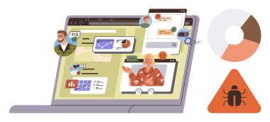 Bilgisayardan sanal takım görüntüsü, veri analiz çizelgeleri, siber güvenlik uyarısı. Teknoloji, işbirliği, uzaktan çalışma, siber güvenlik, veri görselleştirme, takım çalışması verimliliği için ideal