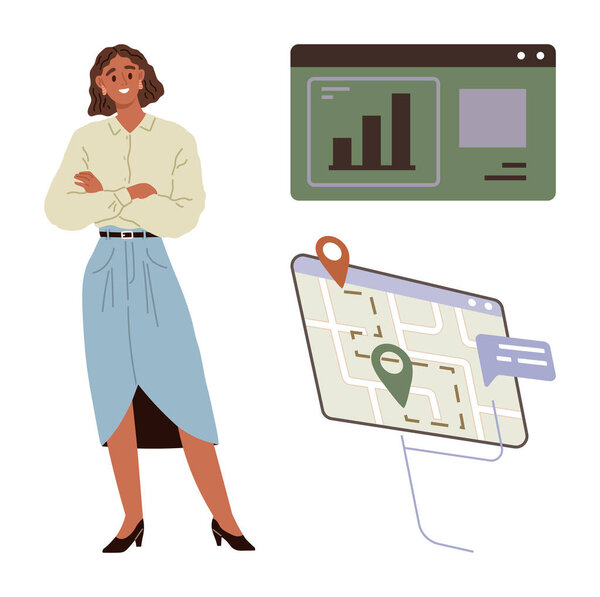 Женщина, стоящая уверенно, карта с значками местоположения и текстовым пузырём, аналитическая панель. Идеально подходит для управления данными, планирования, роста бизнеса, логистики, принятия технологических решений