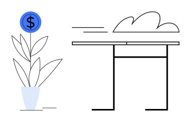 Para fabrikası para basıyor, minimalist bulut altında hareket halindeki masa büyümeyi, yeniliği ve momentumu tasvir ediyor. Finans, iş, üretkenlik ve yatırım kariyeri için ideal