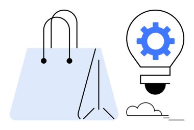 Alışveriş torbası ve ampul vites, perakende trendleri, ekommersi, fikirler, yenilik, modern pazarlama, ürün geliştirme, tüketici davranışlarını temsil ediyor. Basit iş evrimi için ideal