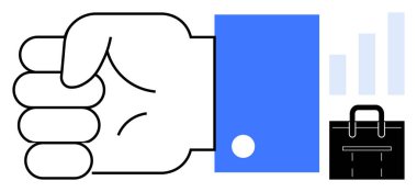 Çubuk grafik ve evrak çantasının yanında mavi kollu kapalı bir yumruk. Liderlik için ideal, iş büyümesi, kararlılık, iş ahlakı, esneklik, hedef belirleme, güçlendirme. Basit düz metafor