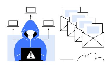 Kapüşonlu bir bilgisayar korsanı kırmızı alarm işareti kullanıyor. Okları birbirine bağlıyor. Birden fazla e-posta gönderiliyor. Siber güvenlik, hackleme, sahtekarlık, kötü amaçlı yazılım, online e-posta tehdit veri ihlali için ideal. Basit.