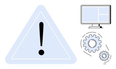 Üçgenin içinde büyük ünlem işareti, ekran düzeni ve hareket halindeki vitesler. Uyarı için ideal, yazılım sorunu, bakım, iş akışı, problem çözme önlemi. Basit düz