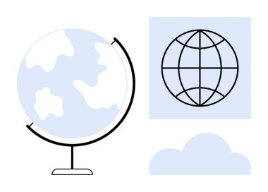 Kıtaları, küresel ızgarası ve bulut şekilleri olan dünya coğrafyayı, küresel ulaşımı, keşfi, öğrenmeyi vurguluyor. Eğitim, seyahat ve dünya çalışmaları için ideal bağlantı iletişim haritaları