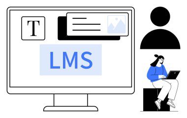 Metin, resim ve grafik simgeleriyle LMS araçlarını gösteren masaüstü ekranı. Avatar 'ın yanında dizüstü bilgisayarı olan kullanıcı. Eğitim, e-öğrenim, teknoloji, öğretim, uzaktan çalışma verimliliği için ideal